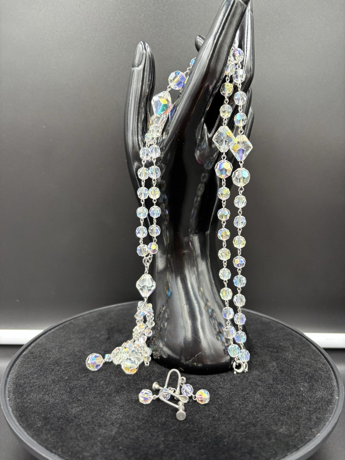 Vintage 1950s Aurora Borealis Crystal Necklace & Earrings Set Tassel Drop