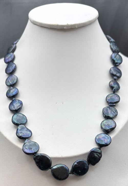 Black Peacock Freshwater Coin Pearl Necklace 925 Sterling Silver 58cm