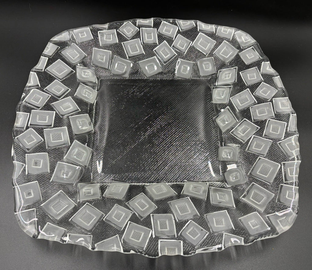 Large Vintage Frosted Geometric Pressed Glass Serving Platter