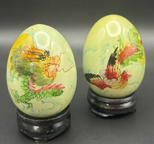 Box 10 Vintage Chinese Jade Hand Painted Eggs with Stands Koi, Flowers, Birds