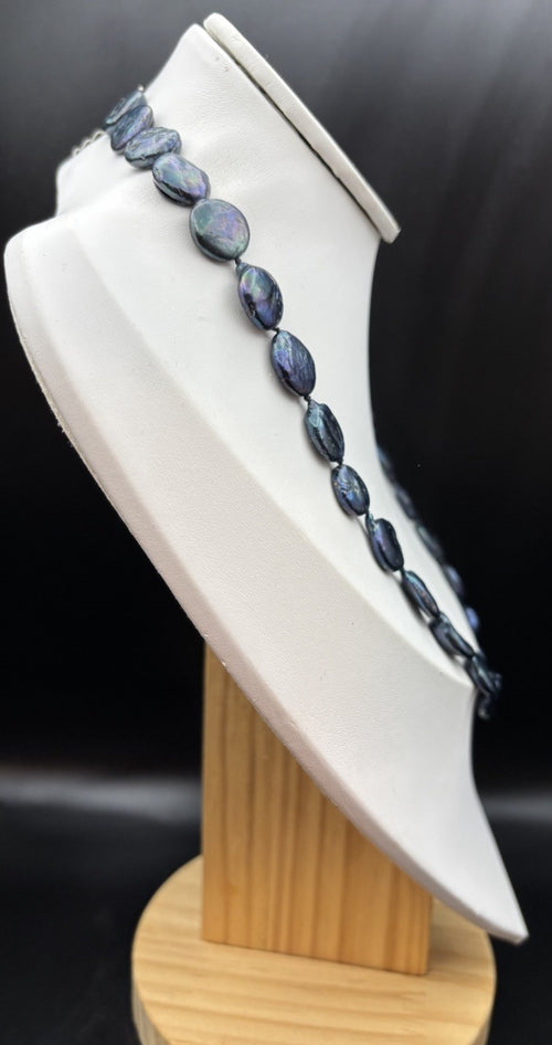 Black Peacock Freshwater Coin Pearl Necklace 925 Sterling Silver 58cm