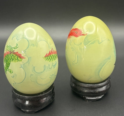 Box 10 Vintage Chinese Jade Hand Painted Eggs with Stands Koi, Flowers, Birds