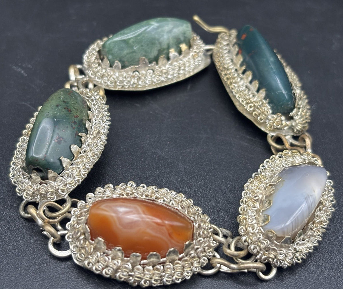 Vintage Artisan Genuine Hardstone Filigree Link Bracelet Scottish Agate Style