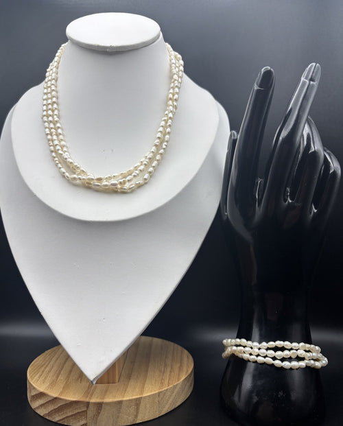 Elegant Vintage Cultured Freshwater Pearl Necklace Bracelet Set Multi Strand