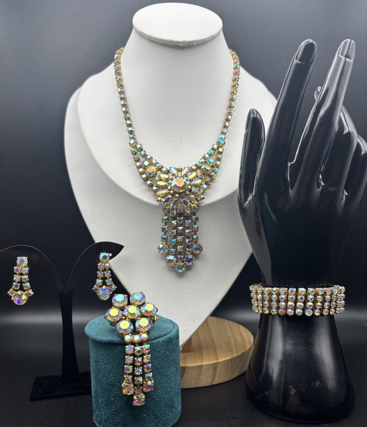 Vintage Hollywood Regency Aurora Borealis Rhinestone Waterfall Parure Set