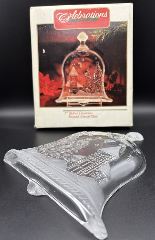 Celebrations 7” Bell of Christmas Frosted Crystal Plate w/ Box Vintage