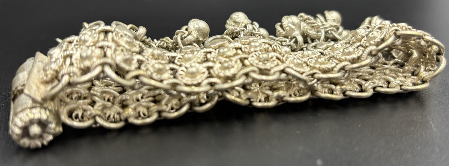Vintage Tribal Charm Bracelet Silver Alloy Dangle Bells Ethnic Wide Statement