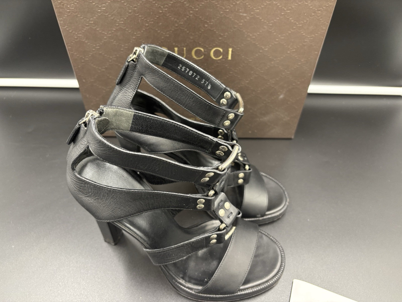 Gucci Women’s Gladiator Sandals Black Leather High Heel Strappy Size 37.5