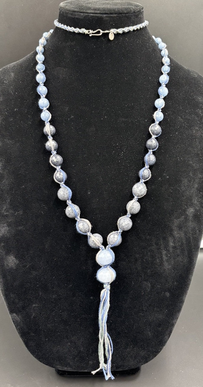 Chan Luu Signed Sterling Silver Blue Lace Agate Quartz Tassel Beaded Necklace
