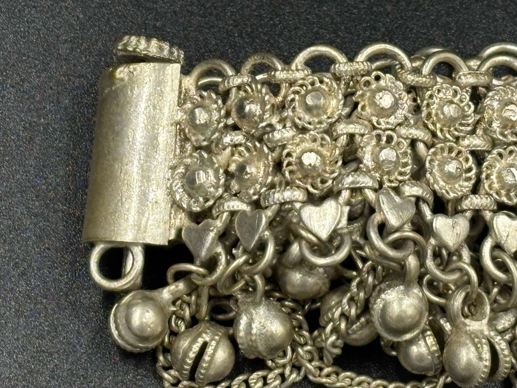 Vintage Tribal Charm Bracelet Silver Alloy Dangle Bells Ethnic Wide Statement