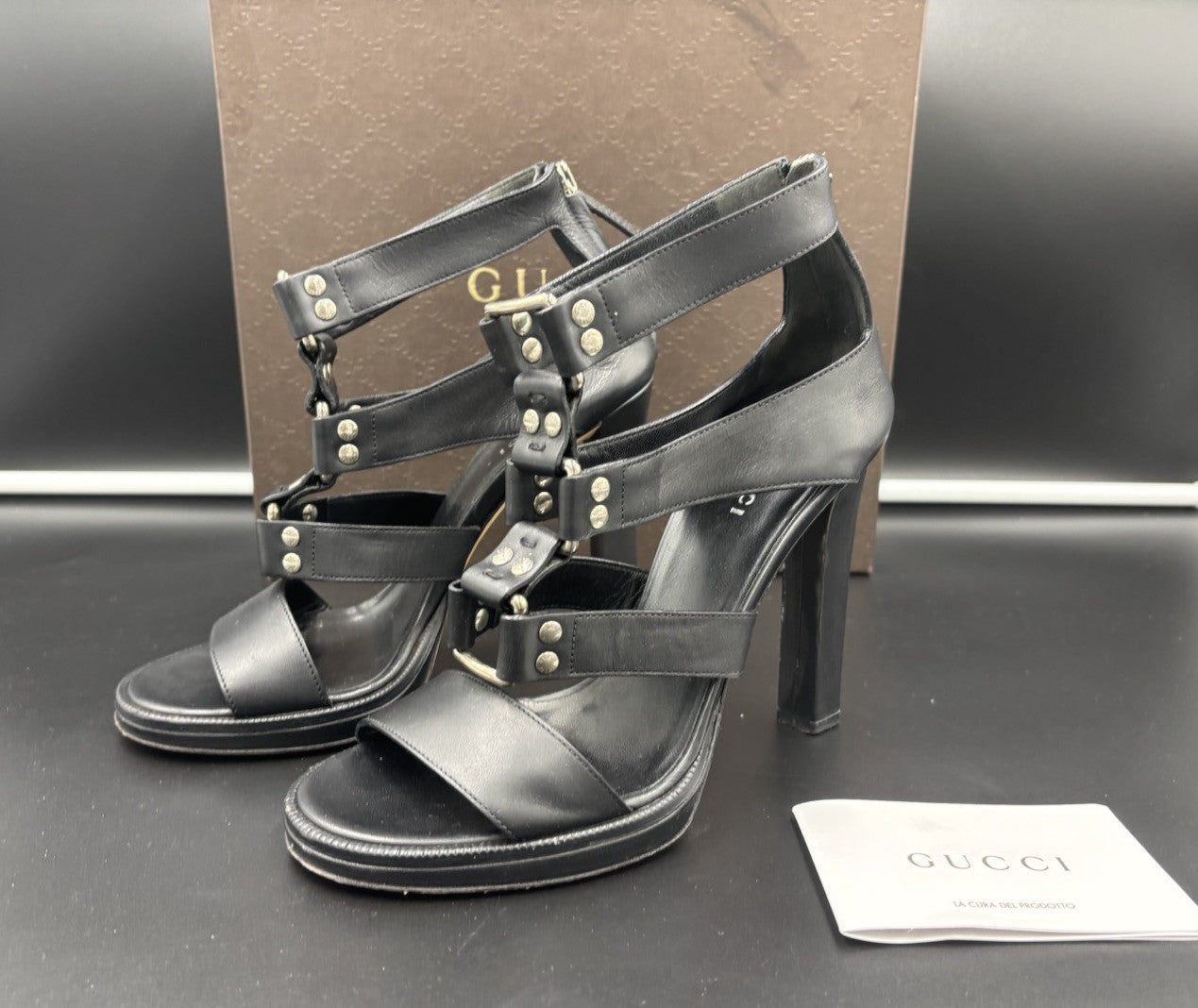 Gucci Women’s Gladiator Sandals Black Leather High Heel Strappy Size 37.5