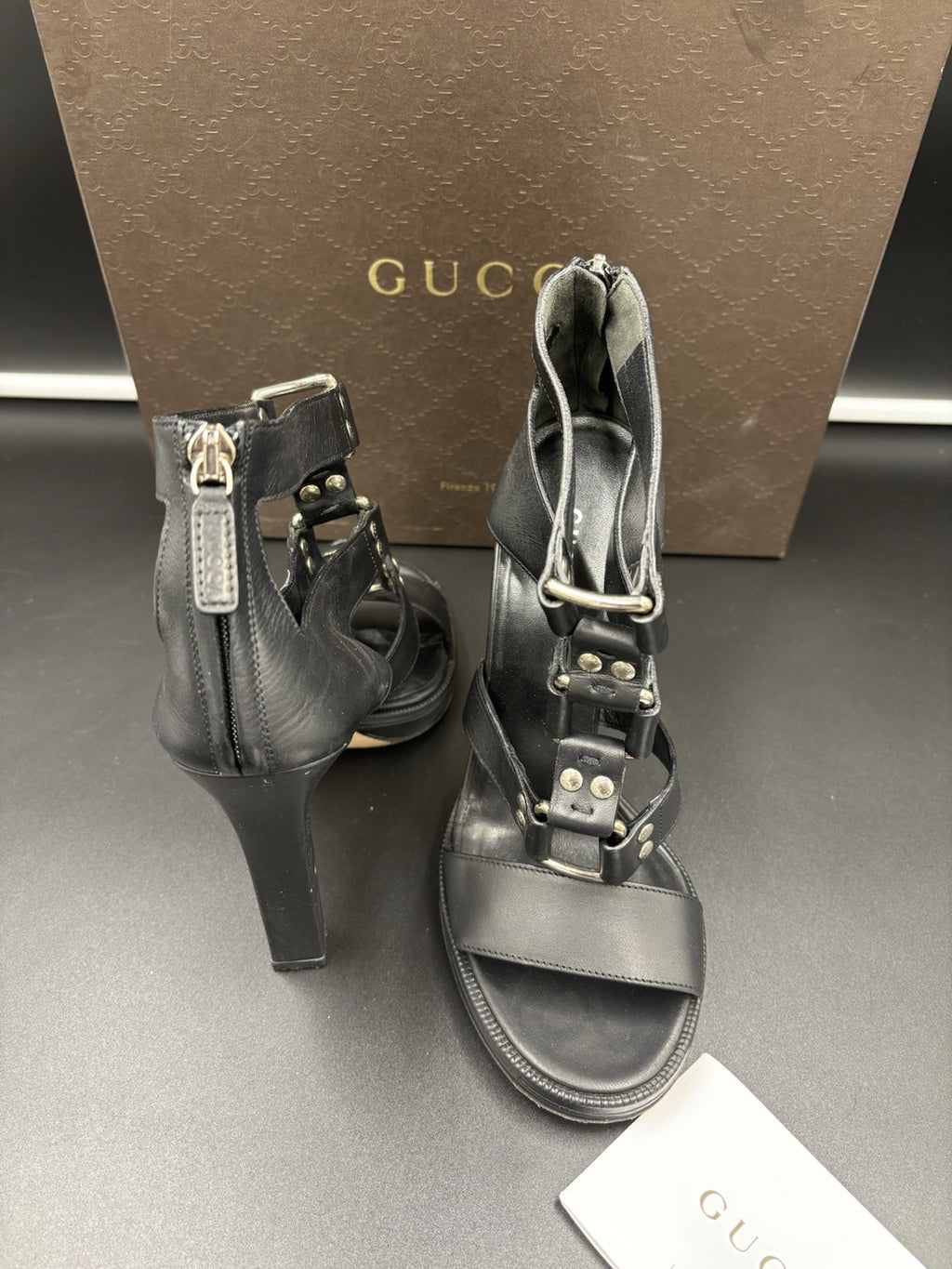 Gucci Women’s Gladiator Sandals Black Leather High Heel Strappy Size 37.5