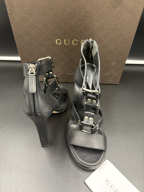 Gucci Women’s Gladiator Sandals Black Leather High Heel Strappy Size 37.5