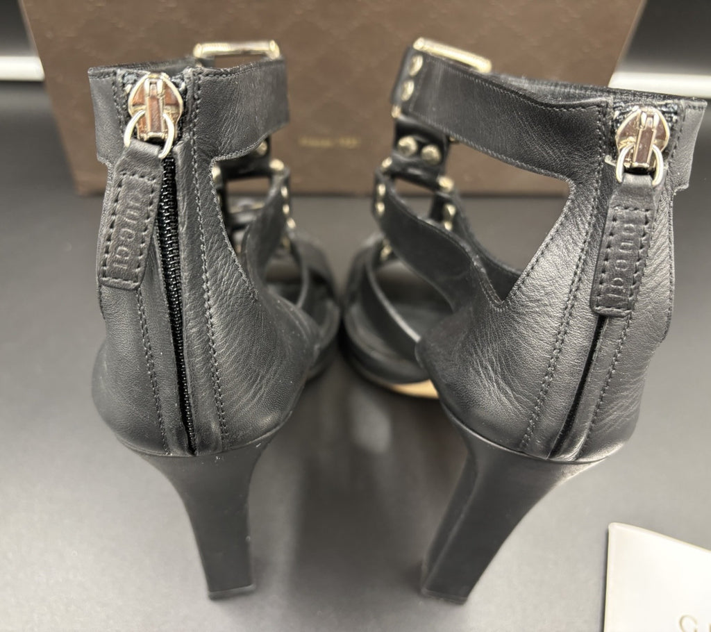 Gucci Women’s Gladiator Sandals Black Leather High Heel Strappy Size 37.5