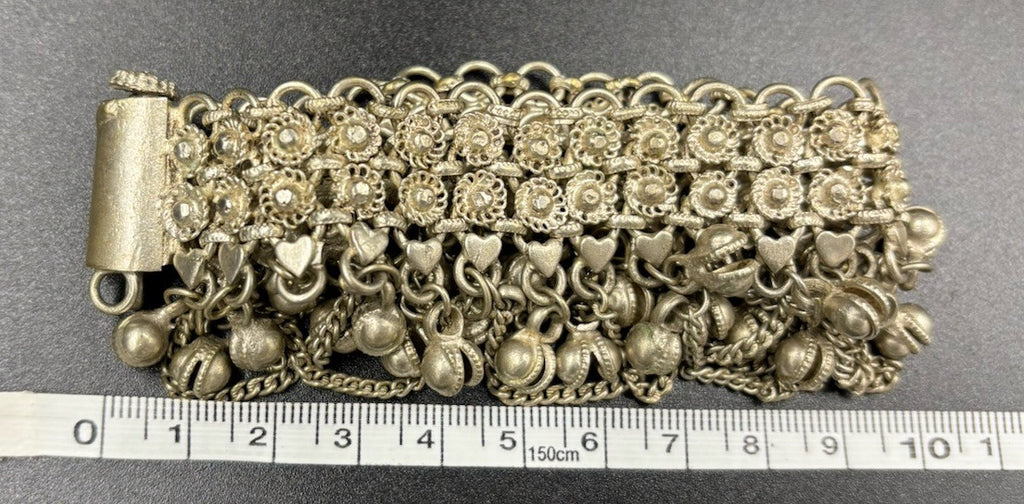 Vintage Tribal Charm Bracelet Silver Alloy Dangle Bells Ethnic Wide Statement