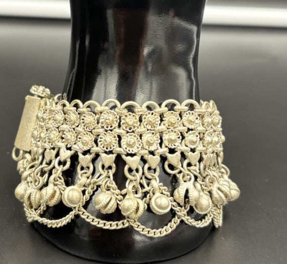 Vintage Tribal Charm Bracelet Silver Alloy Dangle Bells Ethnic Wide Statement