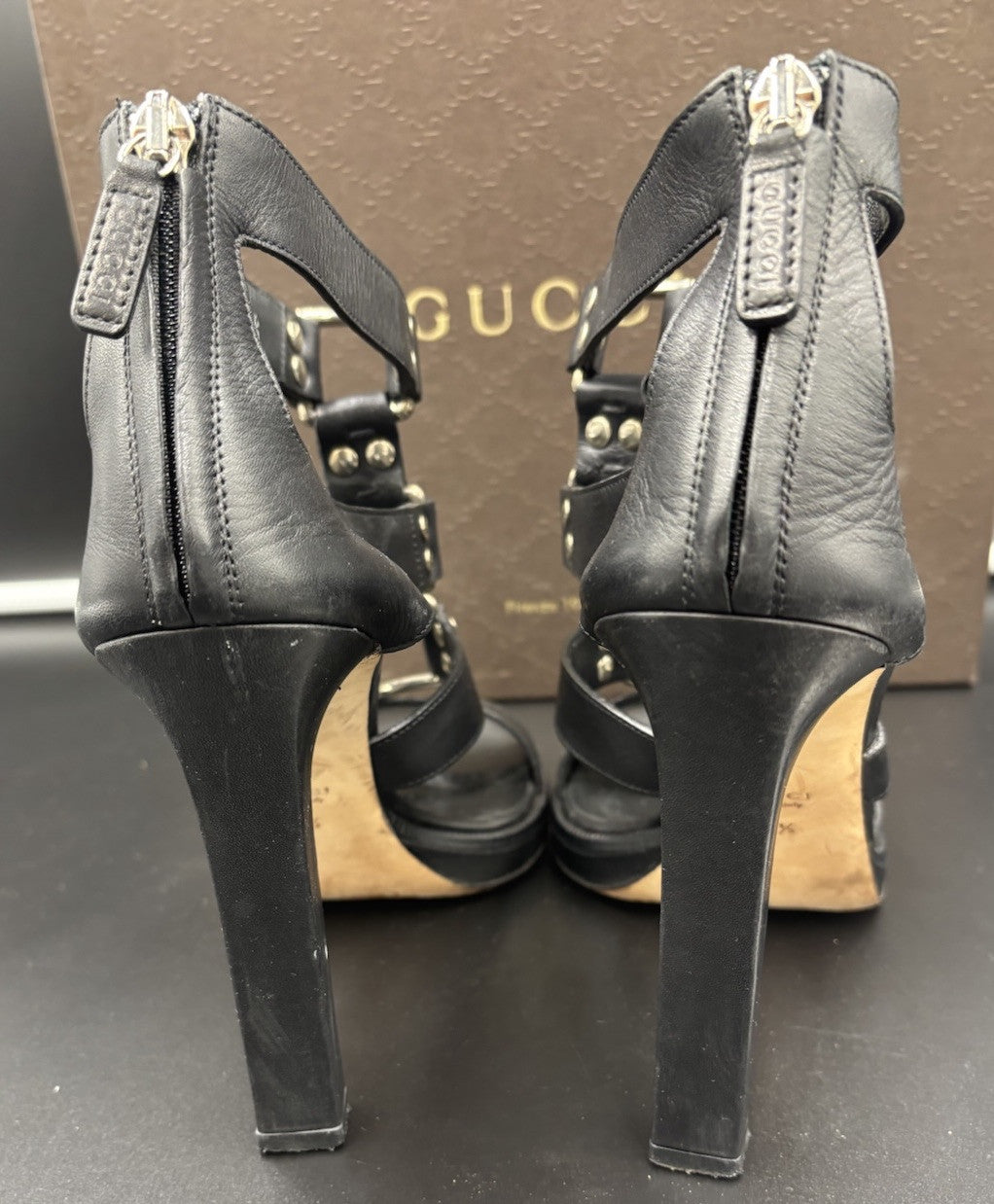 Gucci Women’s Gladiator Sandals Black Leather High Heel Strappy Size 37.5