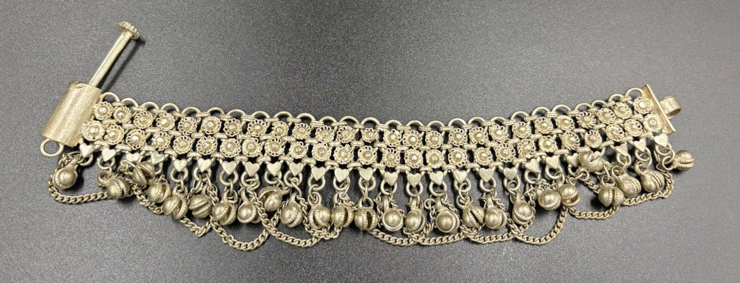 Vintage Tribal Charm Bracelet Silver Alloy Dangle Bells Ethnic Wide Statement