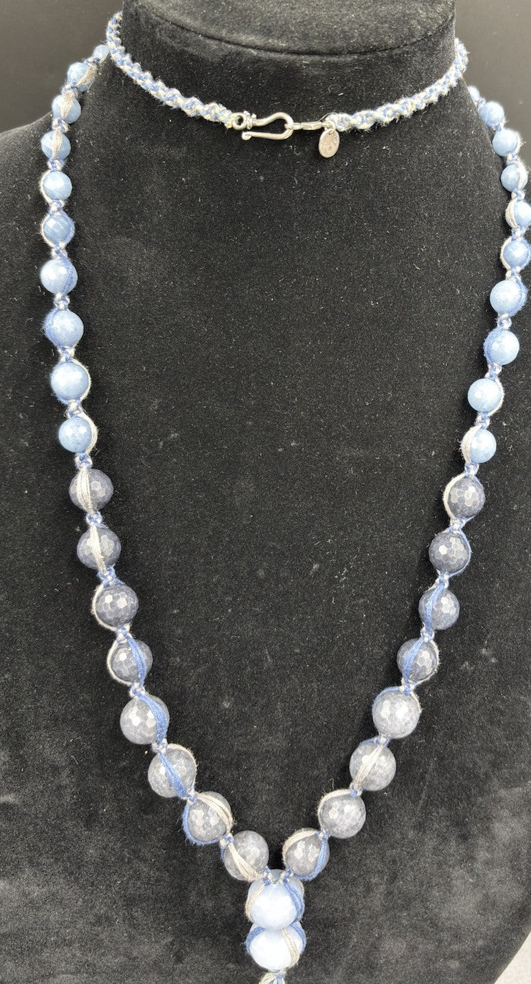 Chan Luu Signed Sterling Silver Blue Lace Agate Quartz Tassel Beaded Necklace