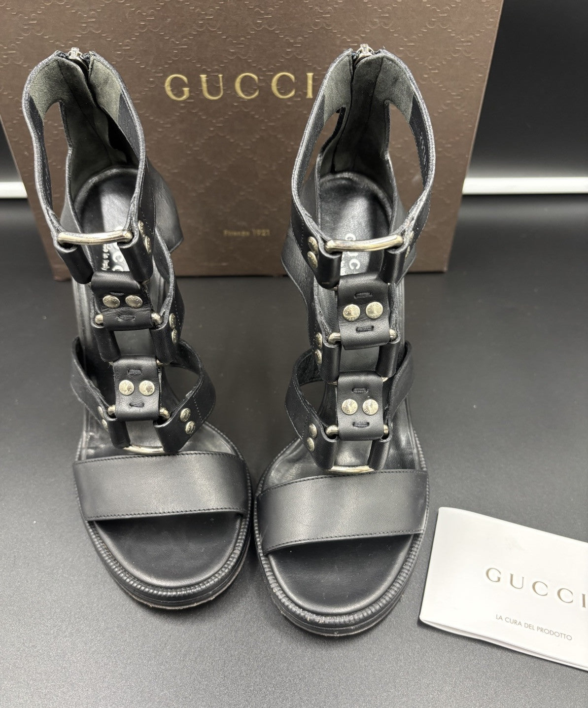 Gucci Women’s Gladiator Sandals Black Leather High Heel Strappy Size 37.5
