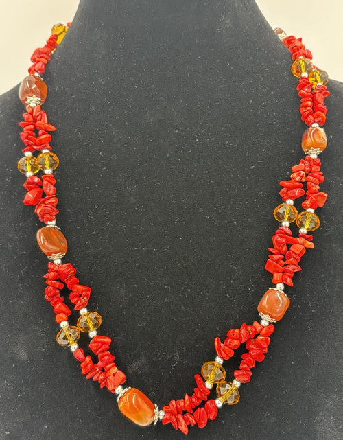 Vintage handmade coral chip necklace amber glass agate boho natural organic