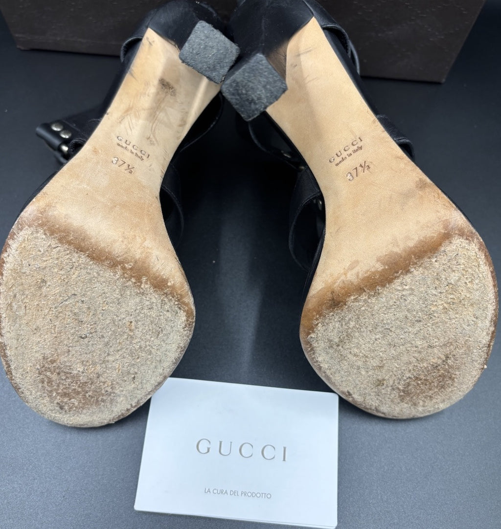 Gucci Women’s Gladiator Sandals Black Leather High Heel Strappy Size 37.5