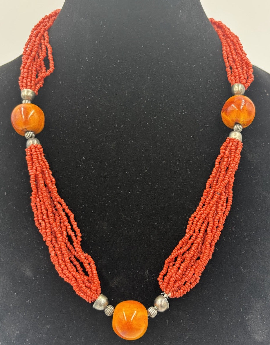 Vintage tribal multi strand necklace faux coral copal resin beads ethnic