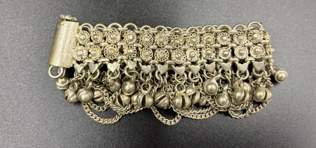 Vintage Tribal Charm Bracelet Silver Alloy Dangle Bells Ethnic Wide Statement