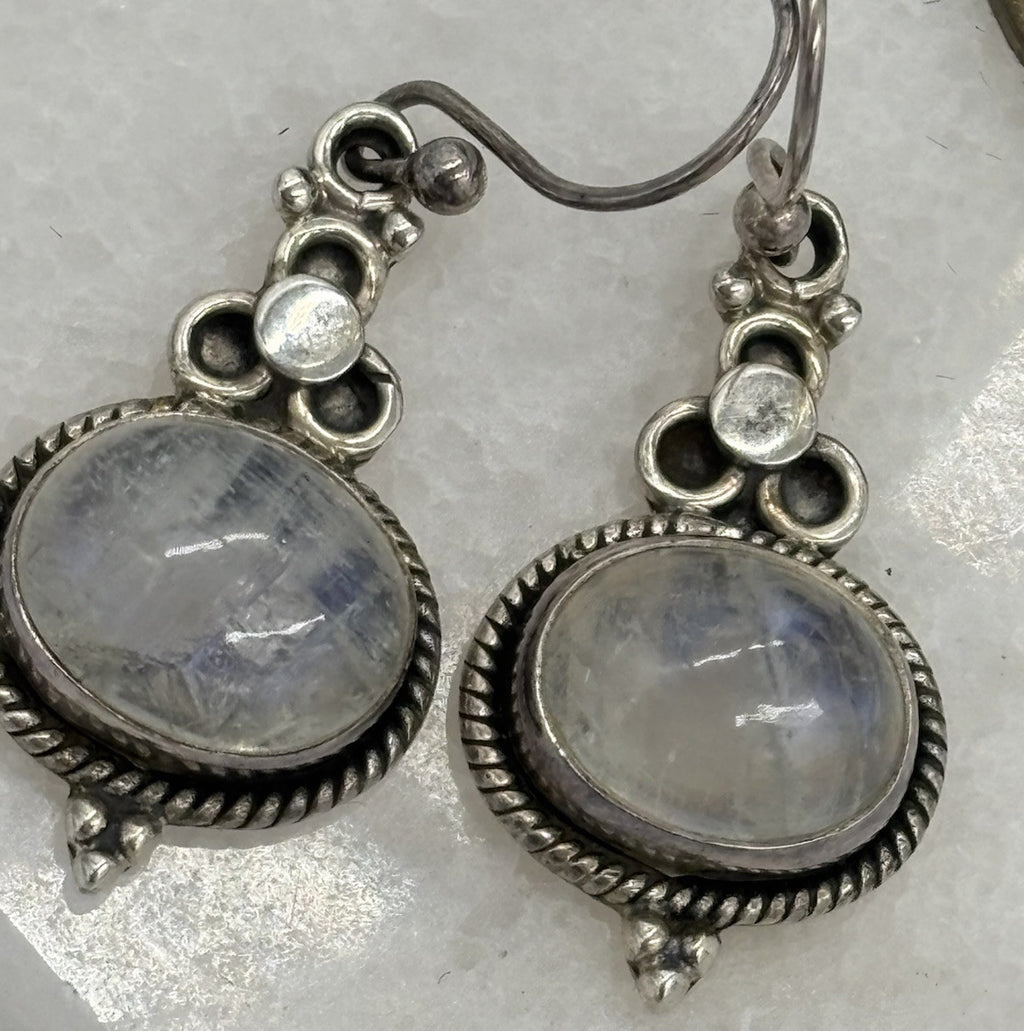 Vintage Sterling Silver Moonstone Earrings Boho Gypsy Artisan 925 Drop Dangle