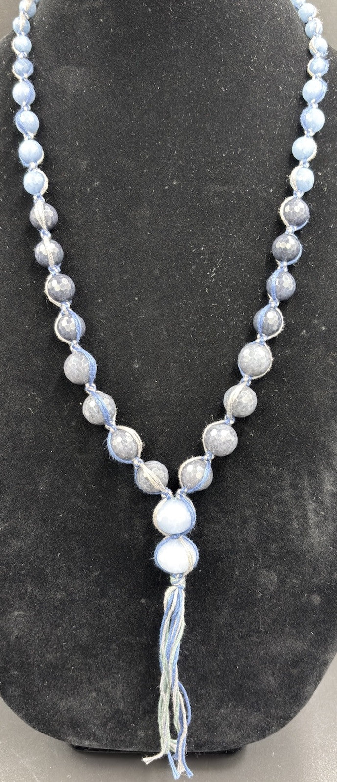 Chan Luu Signed Sterling Silver Blue Lace Agate Quartz Tassel Beaded Necklace