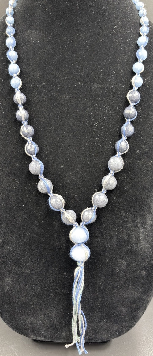 Chan Luu Signed Sterling Silver Blue Lace Agate Quartz Tassel Beaded Necklace