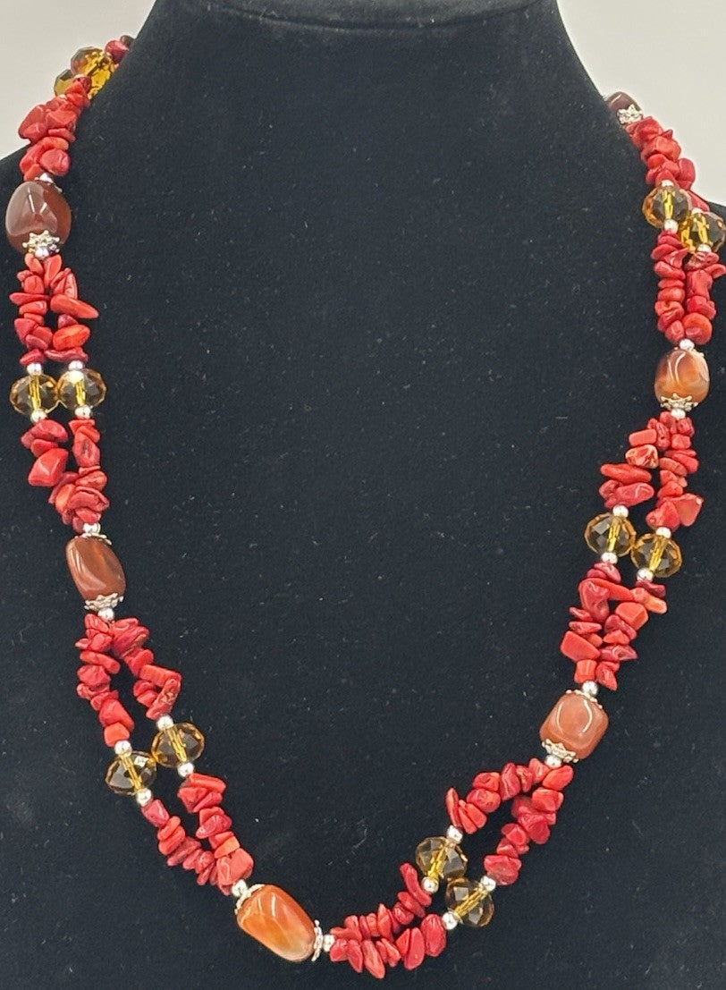 Vintage Coral Chip Necklace Amber Glass Agate Handmade Boho
