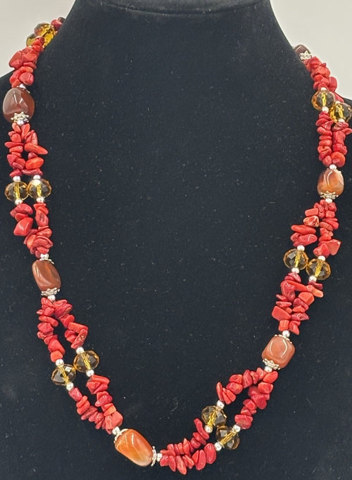 Vintage Coral Chip Necklace Amber Glass Agate Handmade Boho