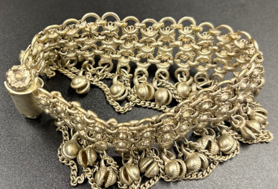 Vintage Tribal Charm Bracelet Silver Alloy Dangle Bells Ethnic Wide Statement
