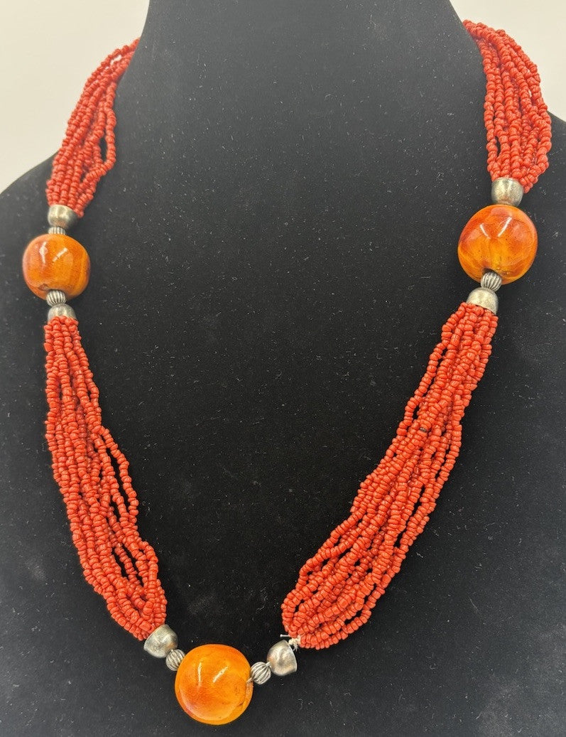 Vintage Tribal Necklace Multi Strand Faux Coral Copal Resin Beads Ethnic