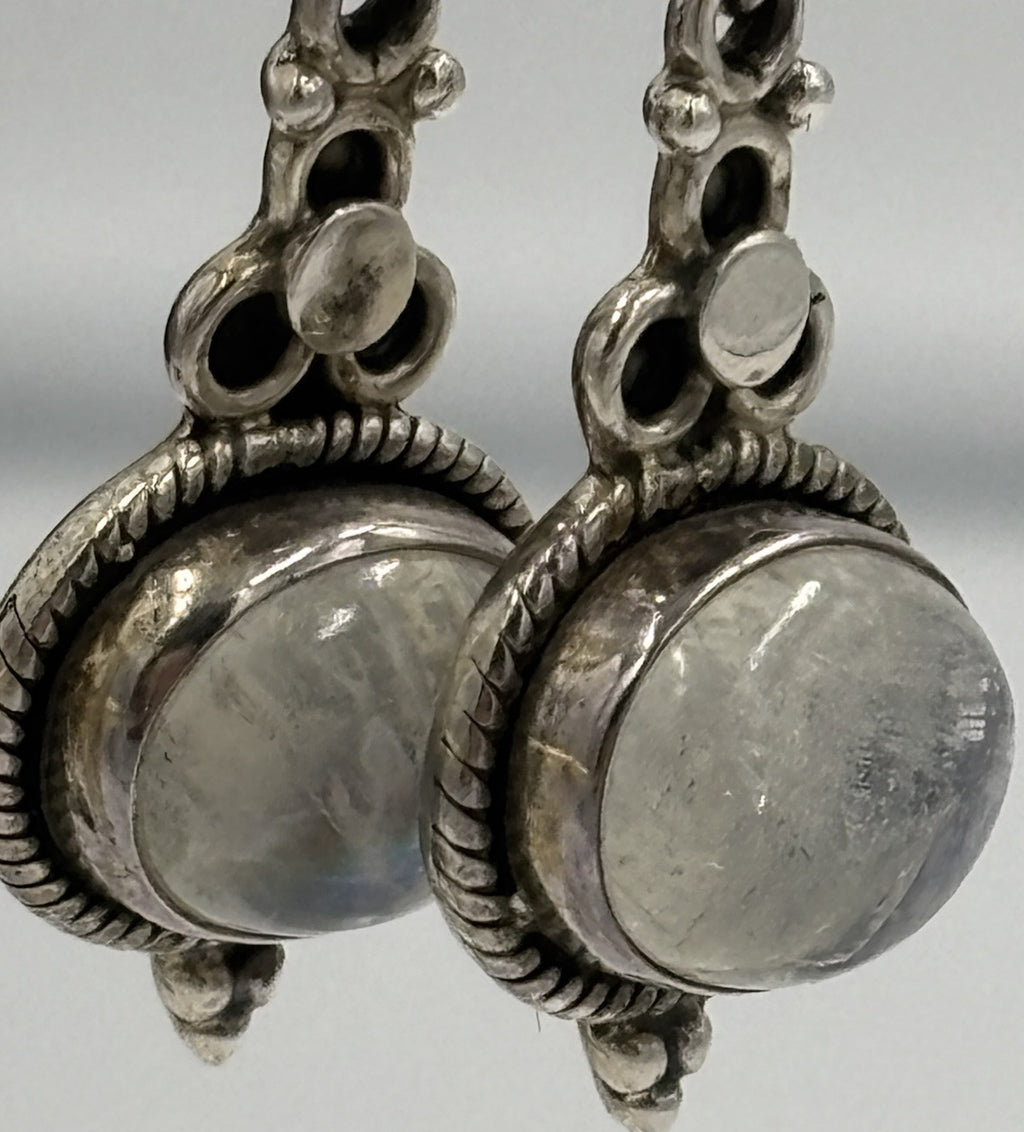 Vintage Sterling Silver Moonstone Earrings Boho Gypsy Artisan 925 Drop Dangle