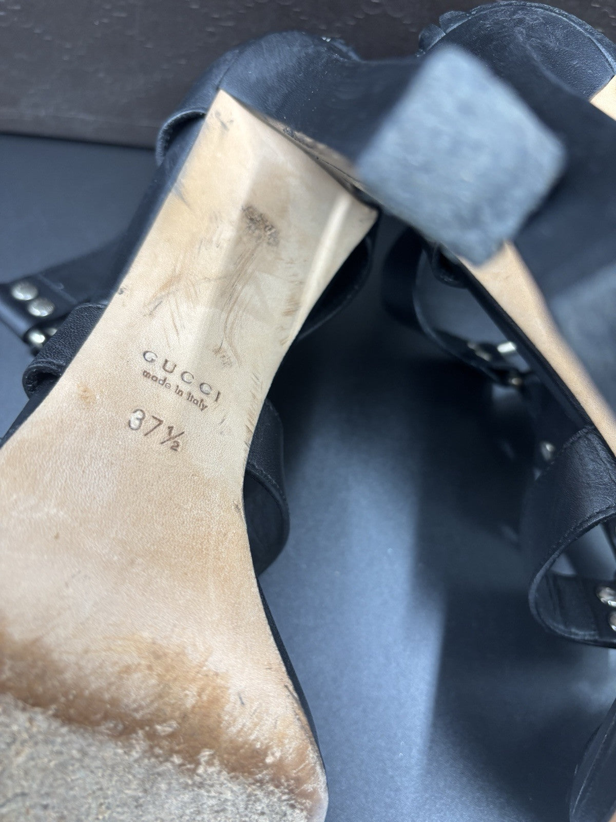 Gucci Women’s Gladiator Sandals Black Leather High Heel Strappy Size 37.5