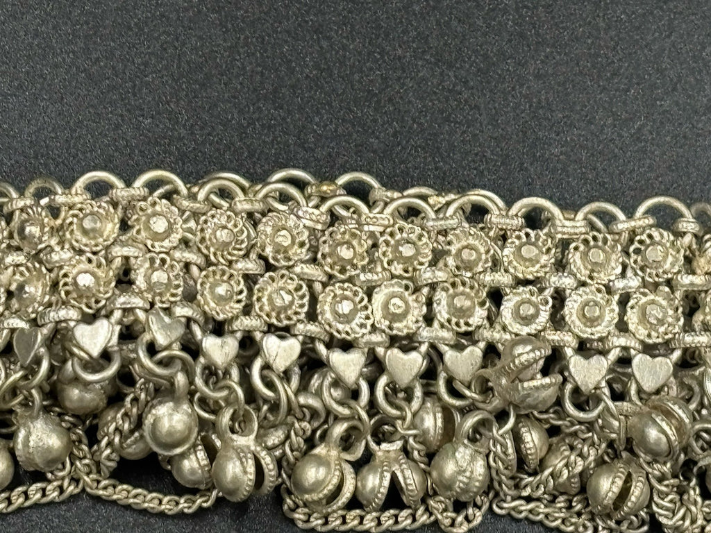 Vintage Tribal Charm Bracelet Silver Alloy Dangle Bells Ethnic Wide Statement